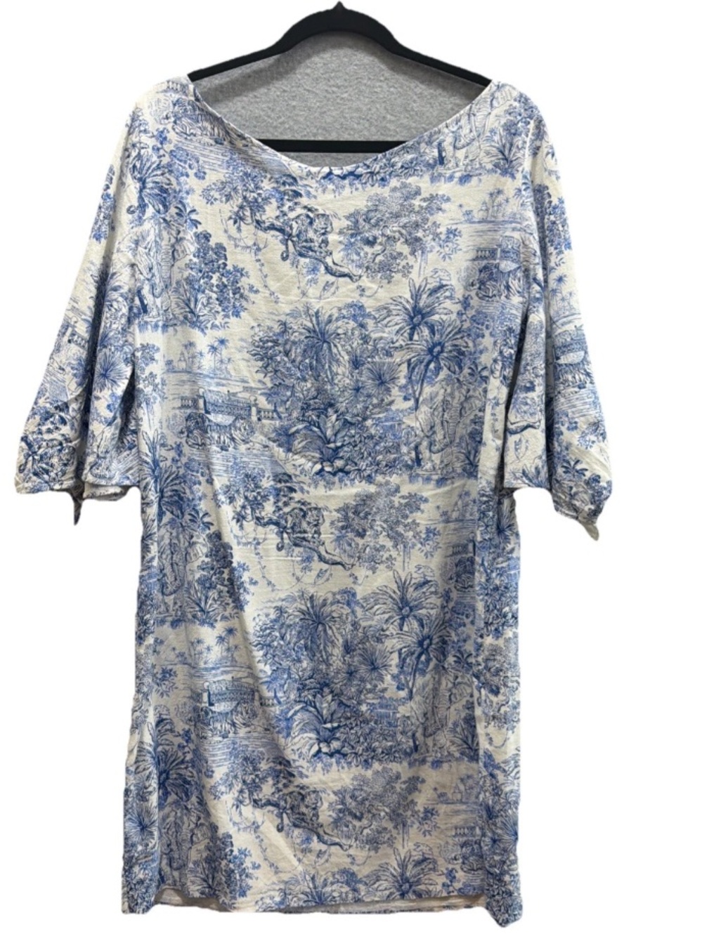H&M Blue and Cream Toile Print Mini Tunic Linen Blend Dress no size tag 42” Bust - Picture 2 of 9